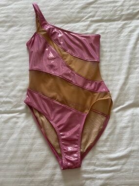 Norma Kamali Pink Metallic & Nude Mesh One-Shoulder Swimsuit